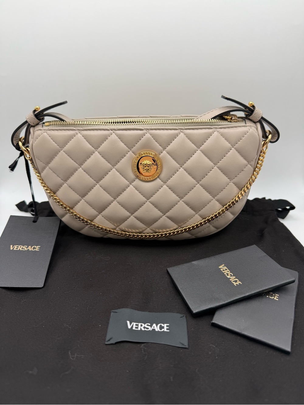 VERSACE Nappa Quilted La Medusa Half Moon Crossbody